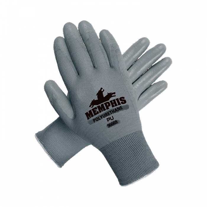 GUANTE MCR DE POLIESTER GRIS RECUBRIMIENTO DE PU EN PALMA Y DEDOS TL