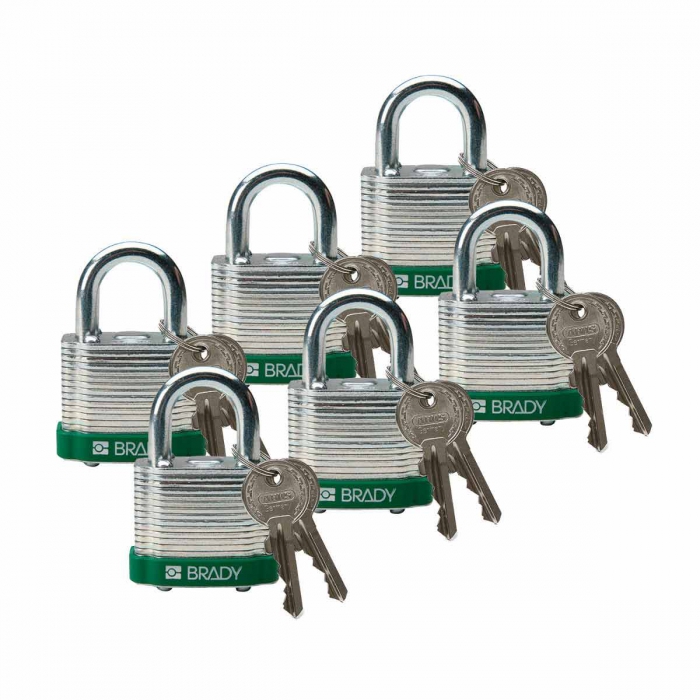 CANDADO BRADY DE ACERO TOPE VERDE 5 PERNOS ARCO DE 34 IN C6 PZAS LLAVE DIFERENTE