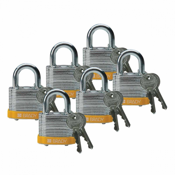 CANDADO BRADY DE ACERO TOPE AMARILLO 5 PERNOS ARCO DE 34 IN C6 PZAS LLAVE DIFERENTE