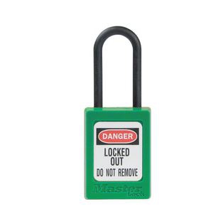 CANDADO DIELECTRICO MASTER LOCK DE TERMOPLASTICO VERDE GRILLETE DE NYLON DE 316 IN CLLAVE IGUAL